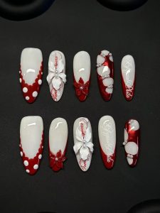Red White 3D Flower Almond Press On Nails detail view