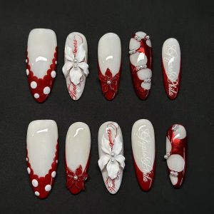 Red White 3D Flower Almond Press On Nails