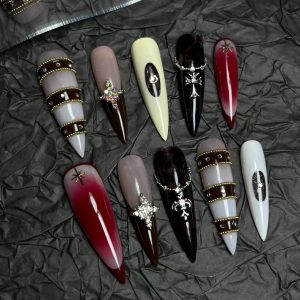 Long Stiletto Retro Burgundy Cross Press On Nails