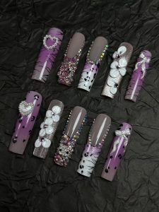 Long Square Purple Zebra Cow Print Press On Nails detail view