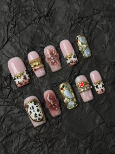 Pink Leopard Floral Square Press On Nails detail view