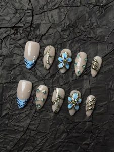 Blue Flower Metallic Almond Press On Nails detail view