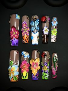 Tropical 3D Floral Butterfly Long Square Press On Nails detail view