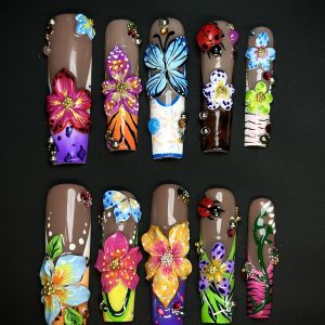 Tropical 3D Floral Butterfly Long Square Press On Nails