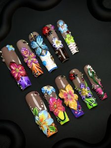 Tropical 3D Floral Butterfly Long Square Press On Nails detail view