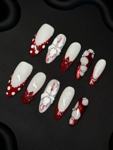 Red White 3D Flower Almond Press On Nails detail view