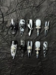 Black White Gothic Cross Stiletto Press On Nails detail view