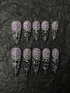 Purple Black Cross Stiletto Press On Nails detail view