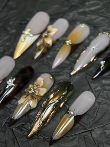 Long Almond Retro Leopard Floral Press On Nails detail view